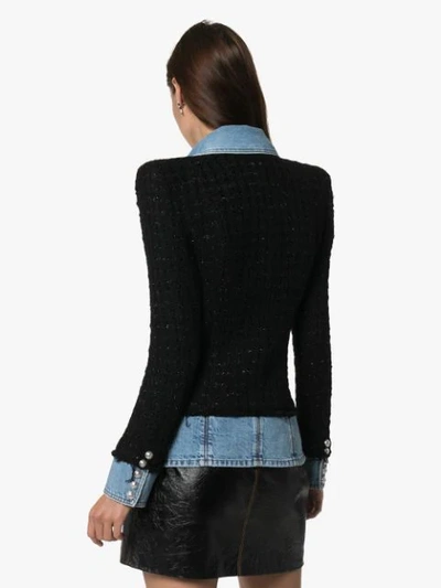Shop Balmain Tweed Denim Jacket In Black