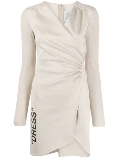 Shop Off-white Ribbed Sleeve Ruched Dress In Neutrals
