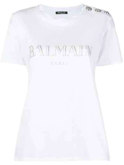 Shop Balmain Buttoned Logo T-shirt In White