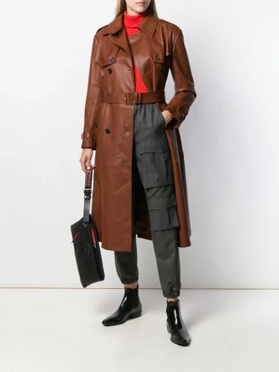 Shop Prada Belted Leather Coat In Brown