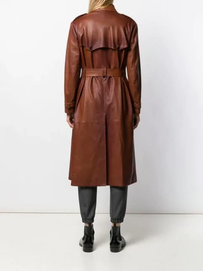 Shop Prada Belted Leather Coat In Brown