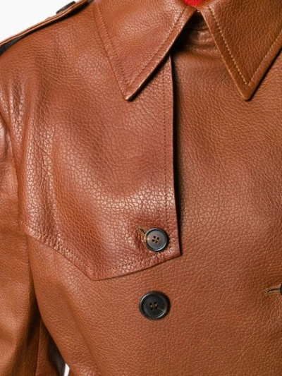 Shop Prada Belted Leather Coat In Brown