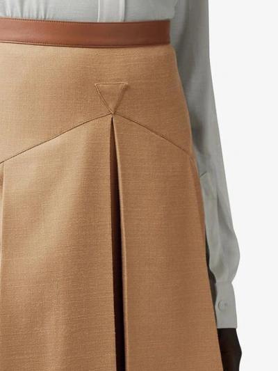 Shop Burberry Leather Trimmed Pleated Skirt In Neutrals