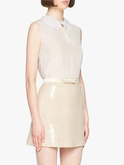 Shop Miu Miu Crepe De Chine And Lace Top In Neutrals