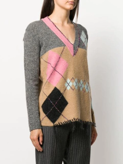 Shop Antonio Marras Distressed Argyle Sweater In Neutrals
