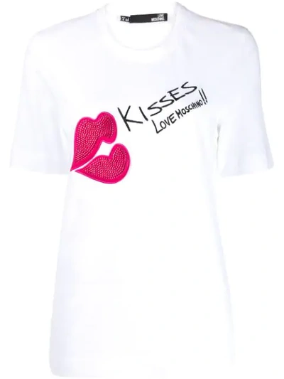 Shop Love Moschino Embellished Kiss T-shirt In White