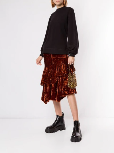 Shop Facetasm Denim And Velvet Midi Skirt In Orange