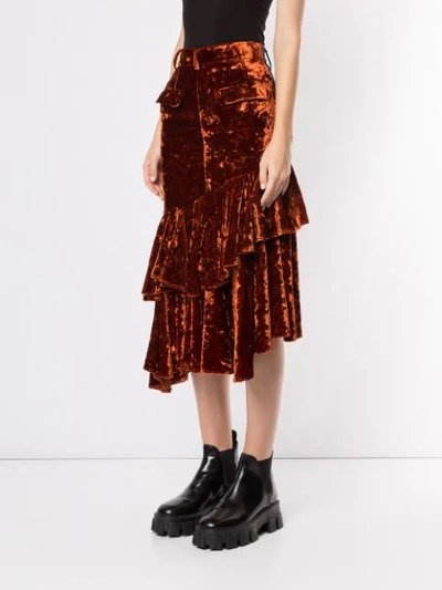 Shop Facetasm Denim And Velvet Midi Skirt In Orange
