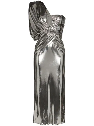 Shop Attico Metallic One-shoulder Midi Dress In Silver