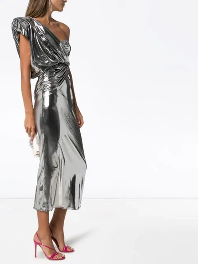 Shop Attico Metallic One-shoulder Midi Dress In Silver