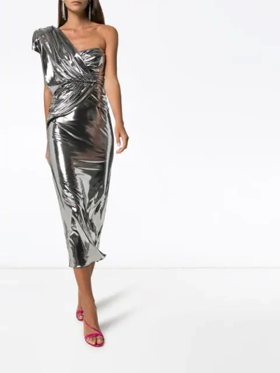 Shop Attico Metallic One-shoulder Midi Dress In Silver