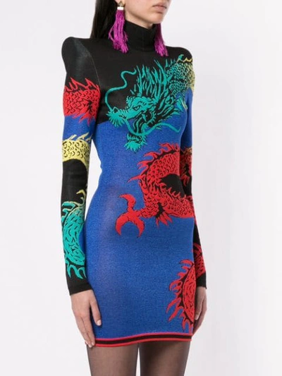Shop Balmain High-neck Dragon Print Dress In Blue