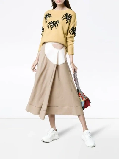 Shop Loewe Cut Out Leather Insert Midi Skirt In Neutrals
