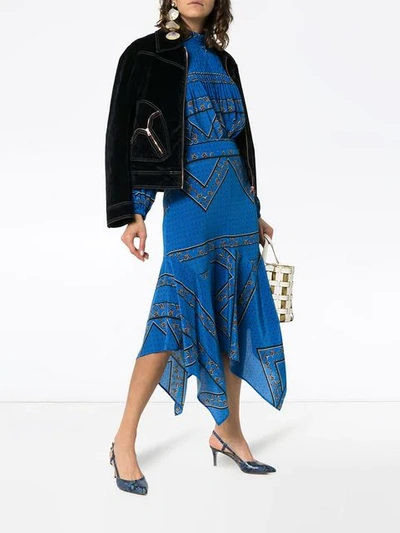 Shop Ganni Cloverdale Silk Printed Asymmetric Midi Skirt In Blue