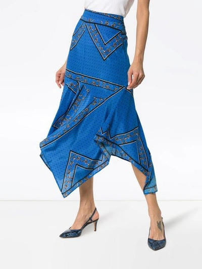 Shop Ganni Cloverdale Silk Printed Asymmetric Midi Skirt In Blue