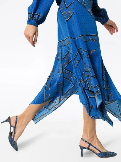 Shop Ganni Cloverdale Silk Printed Asymmetric Midi Skirt In Blue