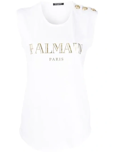 Shop Balmain Buttoned Shoulders Sleeveless Logo Top In White