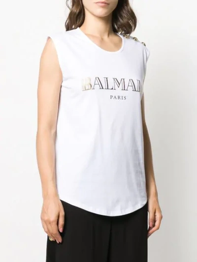 Shop Balmain Buttoned Shoulders Sleeveless Logo Top In White