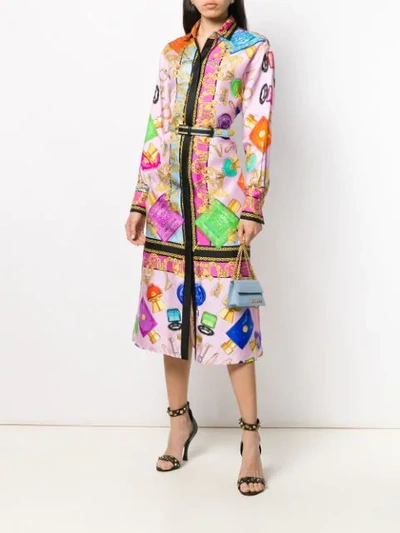 Shop Versace Belted Cosmetic Print Dress In Pink