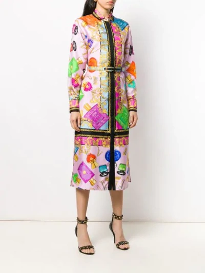 Shop Versace Belted Cosmetic Print Dress In Pink