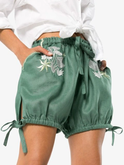 Shop Innika Choo Bloomers Floral Embroidered Linen Shorts - Green