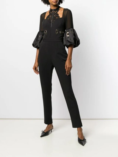 Shop Self-portrait Halterneck Eyelet Jumpsuit In Black