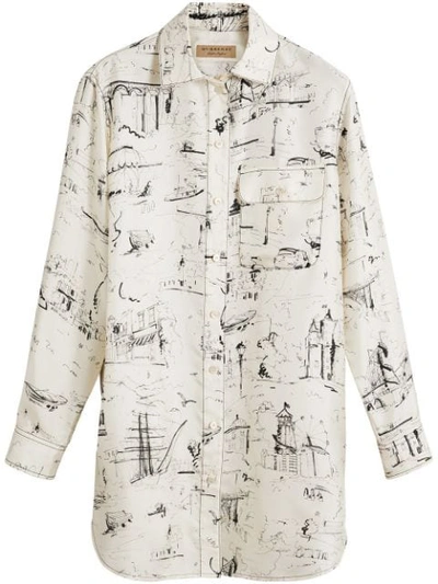 Shop Burberry Landmark Print Silk Longline Shirt