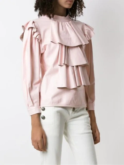 Shop Andrea Bogosian Ruffled Leather Blouse In Pink