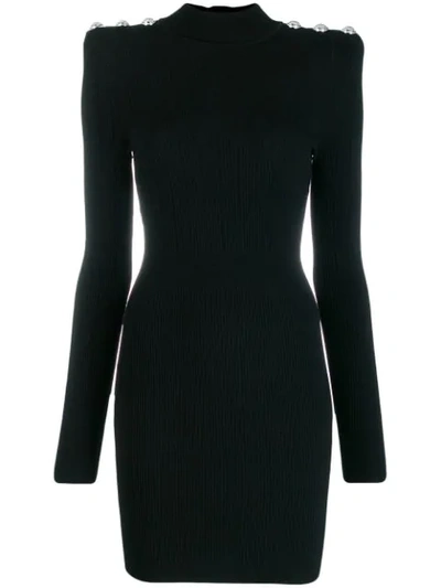 Shop Balmain Square-shoulder Ribbed Dress In Black