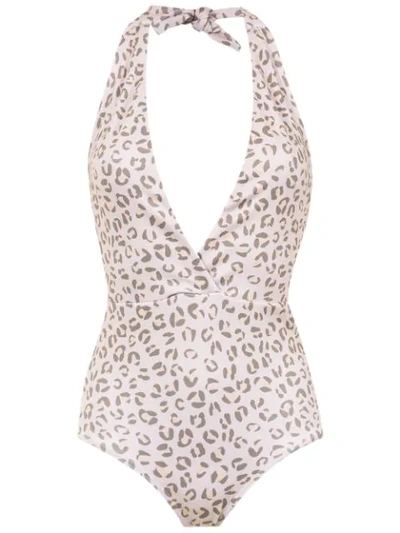 Shop Amir Slama Printed Halter Neck Swimsuit In Neutrals