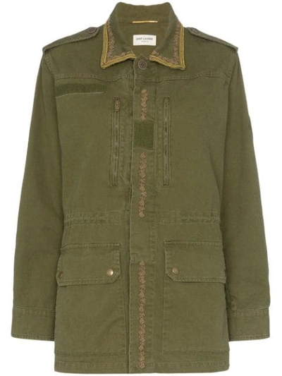 Shop Saint Laurent Embroidered Detail Military Jacket In Green