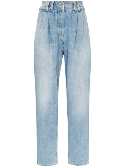 Shop Balmain High-rise Pleat Tapered Jeans In Blue