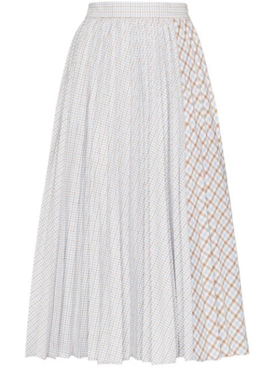 Shop Anouki Pleated Dual-pattern Check Midi Skirt In Blue