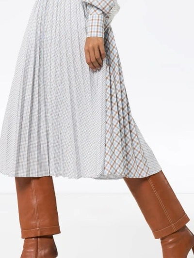 Shop Anouki Pleated Dual-pattern Check Midi Skirt In Blue