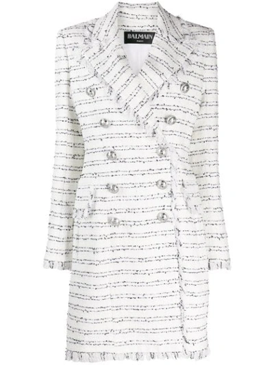 Shop Balmain Tweed Double-breasted Coat In White