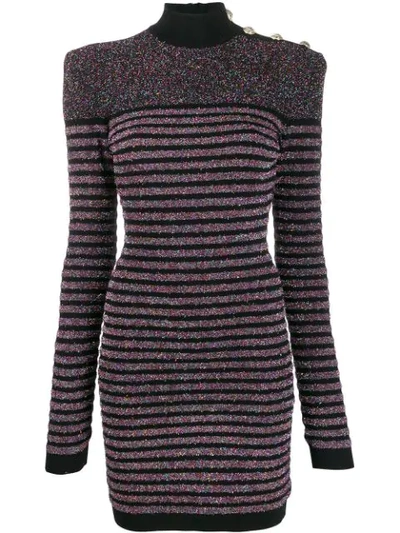 Shop Balmain Metallic Striped Knitted Dress In Black