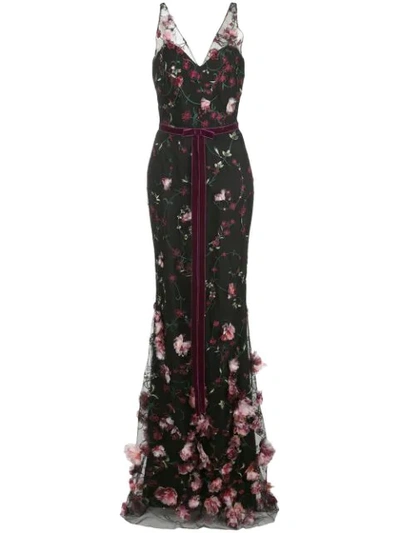 Shop Marchesa Notte 3d Floral Embroidered Flair Gown In Black