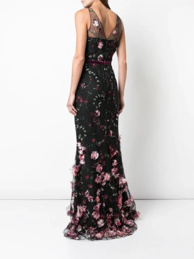 Shop Marchesa Notte 3d Floral Embroidered Flair Gown In Black