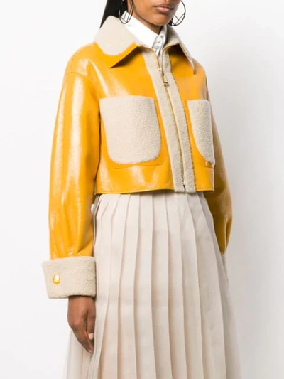 Shop Fendi Contrast-pocket Shearling Jacket In Yellow