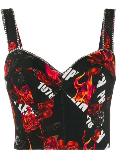 Shop Philipp Plein Cropped Flaming Roses Print Top In Black