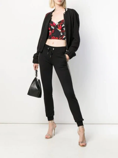 Shop Philipp Plein Cropped Flaming Roses Print Top In Black