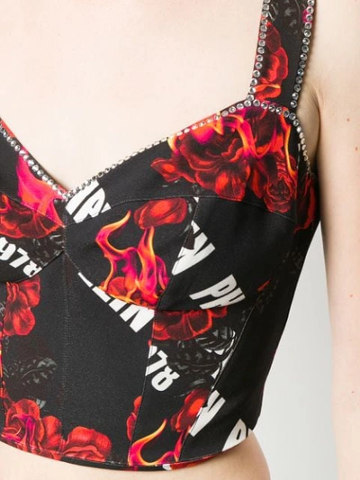 Shop Philipp Plein Cropped Flaming Roses Print Top In Black