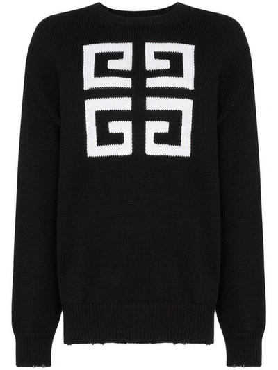 GIVENCHY DISTRESSED HEM INTARSIA KNIT G JUMPER - 黑色