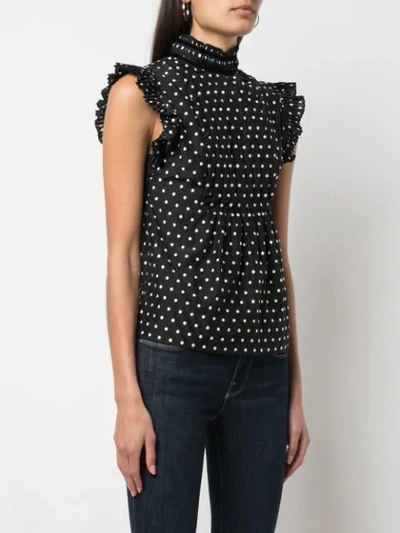 White Black Polka Dot Ruffles Sleeveless Shirt Blouse