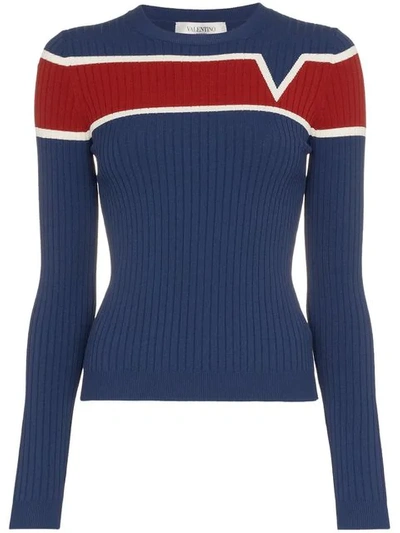 Shop Valentino Contrast Stripe Knitted Top In Blue