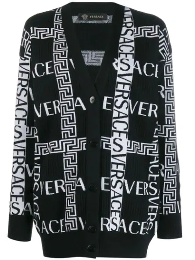 Shop Versace Greca Logo Knitted Cardigan In A2024 Nero/bianco