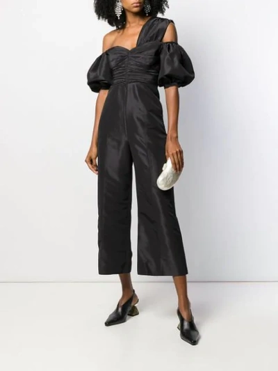 Self-portrait Asymmetrical Neck Taffeta Crop Jumpsuit In Black