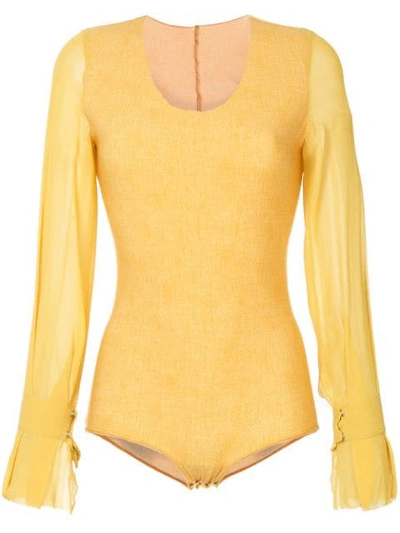 Shop Zambesi Sheer Sleeve Baroque Bodysuit In Yellow