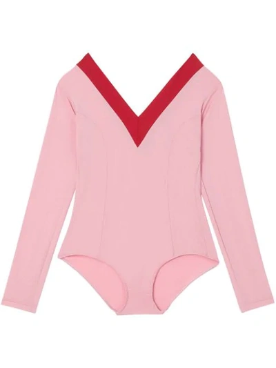 Shop Burberry Two-tone Stretch Jersey Bodysuit In Pink