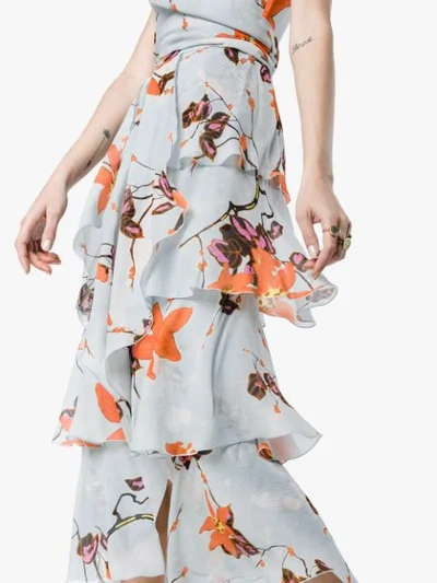 Shop Etro Floral Print Ruffled Silk Dress In Blue